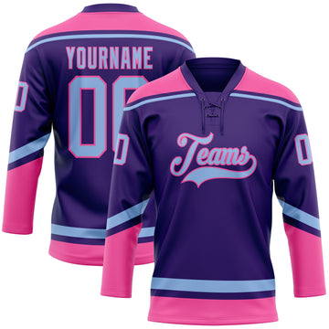 Custom Purple Light Blue-Pink Hockey Lace Neck Jersey