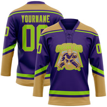 Laden Sie das Bild in den Galerie-Viewer, Custom Purple Neon Green-Old Gold Hockey Lace Neck Jersey
