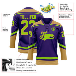Custom Purple Neon Green-Old Gold Hockey Lace Neck Jersey