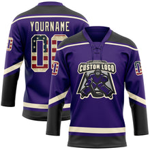 Laden Sie das Bild in den Galerie-Viewer, Custom Purple Vintage USA Flag Cream-Black Hockey Lace Neck Jersey
