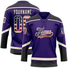 Laden Sie das Bild in den Galerie-Viewer, Custom Purple Vintage USA Flag Cream-Black Hockey Lace Neck Jersey
