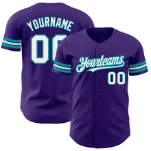 Load image into Gallery viewer, Custom Purple White-Teal Authentic Baseball Jersey
