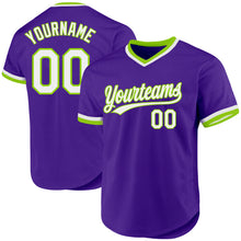 Laden Sie das Bild in den Galerie-Viewer, Custom Purple White-Neon Green Authentic Throwback Baseball Jersey
