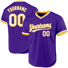 Load image into Gallery viewer, Custom Purple White-Gold Authentic Throwback Baseball Jersey
