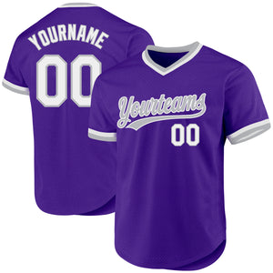 Custom Purple White-Gray Authentic Throwback Baseball Jersey