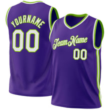Laden Sie das Bild in den Galerie-Viewer, Custom Purple White-Neon Green Authentic Throwback Basketball Jersey

