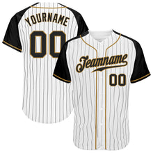 Load image into Gallery viewer, Custom White Black Pinstripe Black-Old Gold Authentic Raglan Sleeves Baseball Jersey
