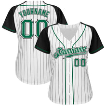 Load image into Gallery viewer, Custom White Black Pinstripe Kelly Green-Black Authentic Raglan Sleeves Baseball Jersey
