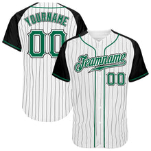 Load image into Gallery viewer, Custom White Black Pinstripe Kelly Green-Black Authentic Raglan Sleeves Baseball Jersey
