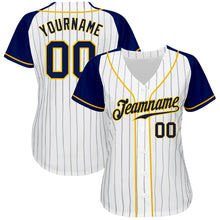 Load image into Gallery viewer, Custom White Navy Pinstripe Navy-Gold Authentic Raglan Sleeves Baseball Jersey
