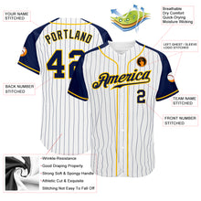 Load image into Gallery viewer, Custom White Navy Pinstripe Navy-Gold Authentic Raglan Sleeves Baseball Jersey
