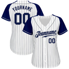 Load image into Gallery viewer, Custom White Navy Pinstripe Navy-Gray Authentic Raglan Sleeves Baseball Jersey
