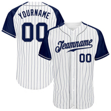 Load image into Gallery viewer, Custom White Navy Pinstripe Navy-Gray Authentic Raglan Sleeves Baseball Jersey
