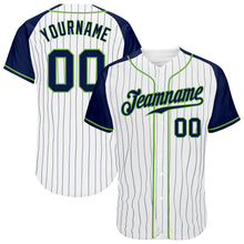 Load image into Gallery viewer, Custom White Navy Pinstripe Navy-Neon Green Authentic Raglan Sleeves Baseball Jersey
