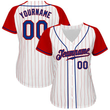 Load image into Gallery viewer, Custom White Red Pinstripe Royal-Red Authentic Raglan Sleeves Baseball Jersey
