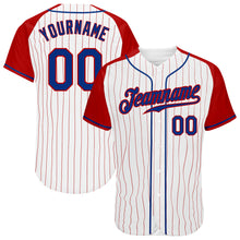 Load image into Gallery viewer, Custom White Red Pinstripe Royal-Red Authentic Raglan Sleeves Baseball Jersey
