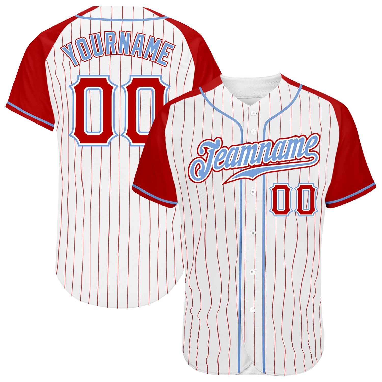 Custom White Red Pinstripe Red-Light Blue Authentic Raglan Sleeves Baseball  Jersey