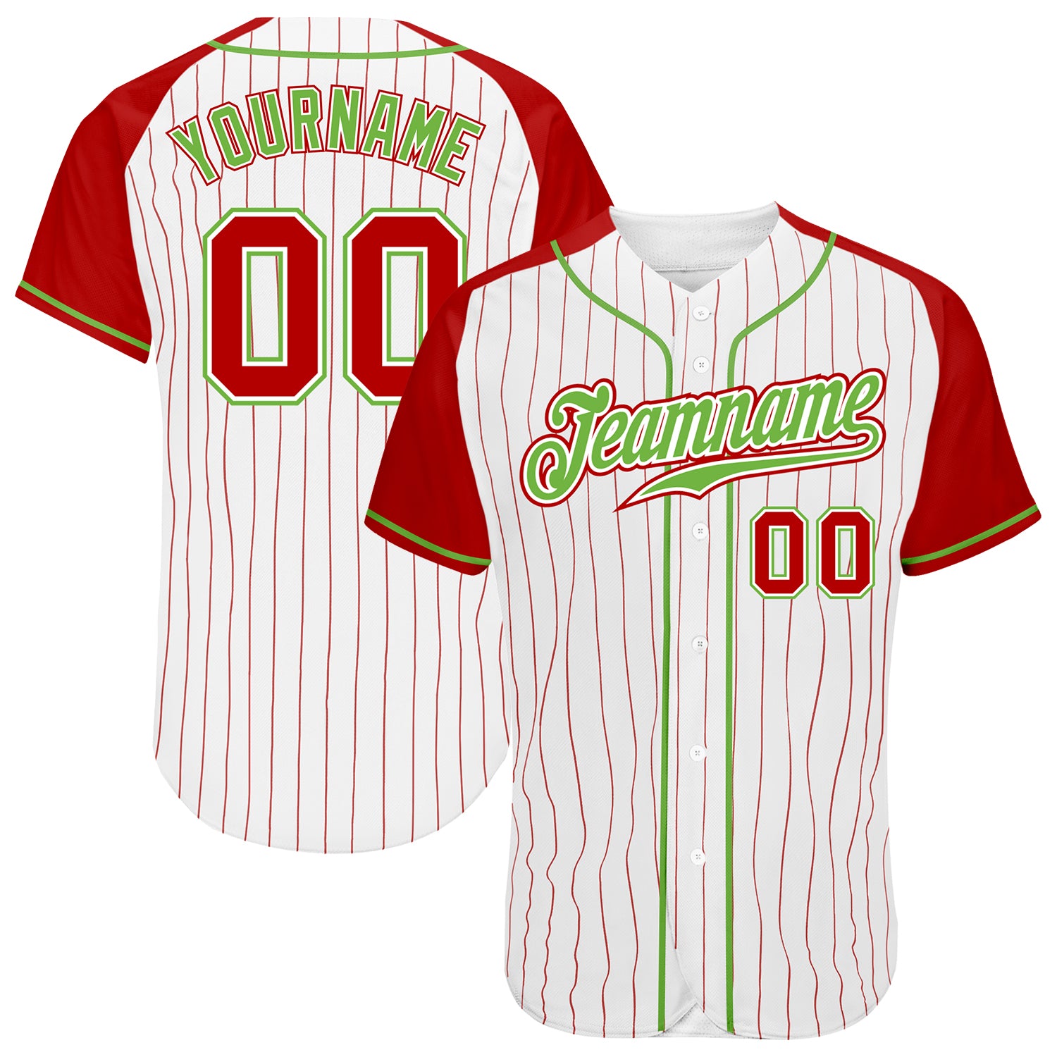 Custom White Red Pinstripe Red-Neon Green Authentic Raglan Sleeves Baseball  Jersey