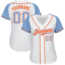 Load image into Gallery viewer, Custom White Light Blue Pinstripe Light Blue-Orange Authentic Raglan Sleeves Baseball Jersey
