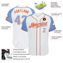 Load image into Gallery viewer, Custom White Light Blue Pinstripe Light Blue-Orange Authentic Raglan Sleeves Baseball Jersey
