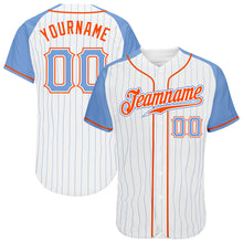 Load image into Gallery viewer, Custom White Light Blue Pinstripe Light Blue-Orange Authentic Raglan Sleeves Baseball Jersey
