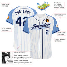 Load image into Gallery viewer, Custom White Light Blue Pinstripe Navy-Light Blue Authentic Raglan Sleeves Baseball Jersey
