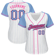 Load image into Gallery viewer, Custom White Light Blue Pinstripe Light Blue-Pink Authentic Raglan Sleeves Baseball Jersey
