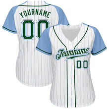 Load image into Gallery viewer, Custom White Light Blue Pinstripe Green-Light Blue Authentic Raglan Sleeves Baseball Jersey
