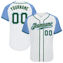 Load image into Gallery viewer, Custom White Light Blue Pinstripe Green-Light Blue Authentic Raglan Sleeves Baseball Jersey
