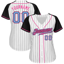 Load image into Gallery viewer, Custom White Black Pinstripe Light Blue-Black Authentic Raglan Sleeves Baseball Jersey
