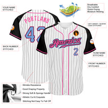 Load image into Gallery viewer, Custom White Black Pinstripe Light Blue-Black Authentic Raglan Sleeves Baseball Jersey
