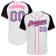 Load image into Gallery viewer, Custom White Black Pinstripe Light Blue-Black Authentic Raglan Sleeves Baseball Jersey
