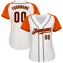 Load image into Gallery viewer, Custom White Orange Pinstripe Brown-Orange Authentic Raglan Sleeves Baseball Jersey

