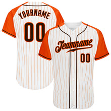 Load image into Gallery viewer, Custom White Orange Pinstripe Brown-Orange Authentic Raglan Sleeves Baseball Jersey
