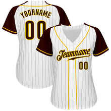 Загрузить изображение в средство просмотра галереи, Custom White Brown Pinstripe Brown-Gold Authentic Raglan Sleeves Baseball Jersey
