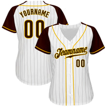 Load image into Gallery viewer, Custom White Brown Pinstripe Brown-Gold Authentic Raglan Sleeves Baseball Jersey
