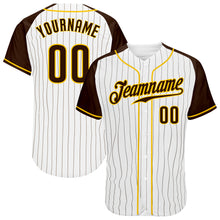 Загрузить изображение в средство просмотра галереи, Custom White Brown Pinstripe Brown-Gold Authentic Raglan Sleeves Baseball Jersey
