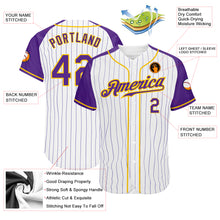 Laden Sie das Bild in den Galerie-Viewer, Custom White Purple Pinstripe Purple-Gold Authentic Raglan Sleeves Baseball Jersey

