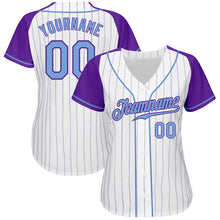 Load image into Gallery viewer, Custom White Purple Pinstripe Light Blue-Purple Authentic Raglan Sleeves Baseball Jersey
