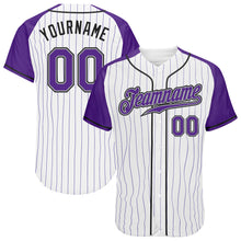 Load image into Gallery viewer, Custom White Purple Pinstripe Purple-Gray Authentic Raglan Sleeves Baseball Jersey
