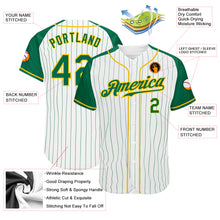Load image into Gallery viewer, Custom White Kelly Green Pinstripe Kelly Green-Gold Authentic Raglan Sleeves Baseball Jersey
