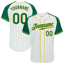 Load image into Gallery viewer, Custom White Kelly Green Pinstripe Kelly Green-Gold Authentic Raglan Sleeves Baseball Jersey
