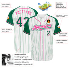 Load image into Gallery viewer, Custom White Kelly Green Pinstripe Kelly Green-Pink Authentic Raglan Sleeves Baseball Jersey
