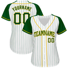 Load image into Gallery viewer, Custom White Green Pinstripe Green-Gold Authentic Raglan Sleeves Baseball Jersey
