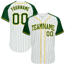 Load image into Gallery viewer, Custom White Green Pinstripe Green-Gold Authentic Raglan Sleeves Baseball Jersey
