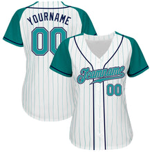 Загрузить изображение в средство просмотра галереи, Custom White Aqua Pinstripe Aqua-Navy Authentic Raglan Sleeves Baseball Jersey
