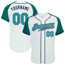 Загрузить изображение в средство просмотра галереи, Custom White Aqua Pinstripe Aqua-Navy Authentic Raglan Sleeves Baseball Jersey
