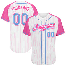 Load image into Gallery viewer, Custom White Pink Pinstripe Light Blue-Pink Authentic Raglan Sleeves Baseball Jersey
