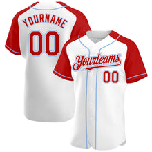 Load image into Gallery viewer, Custom White Red-Light Blue Authentic Raglan Sleeves Baseball Jersey
