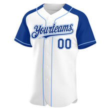 Load image into Gallery viewer, Custom White Royal-Light Blue Authentic Raglan Sleeves Baseball Jersey
